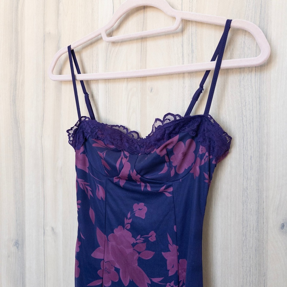 Womens Floral Mesh Midi Dress XS Purple Lace Trim Corset Back Coquette Y2K Fairy - Picture 4 of 9